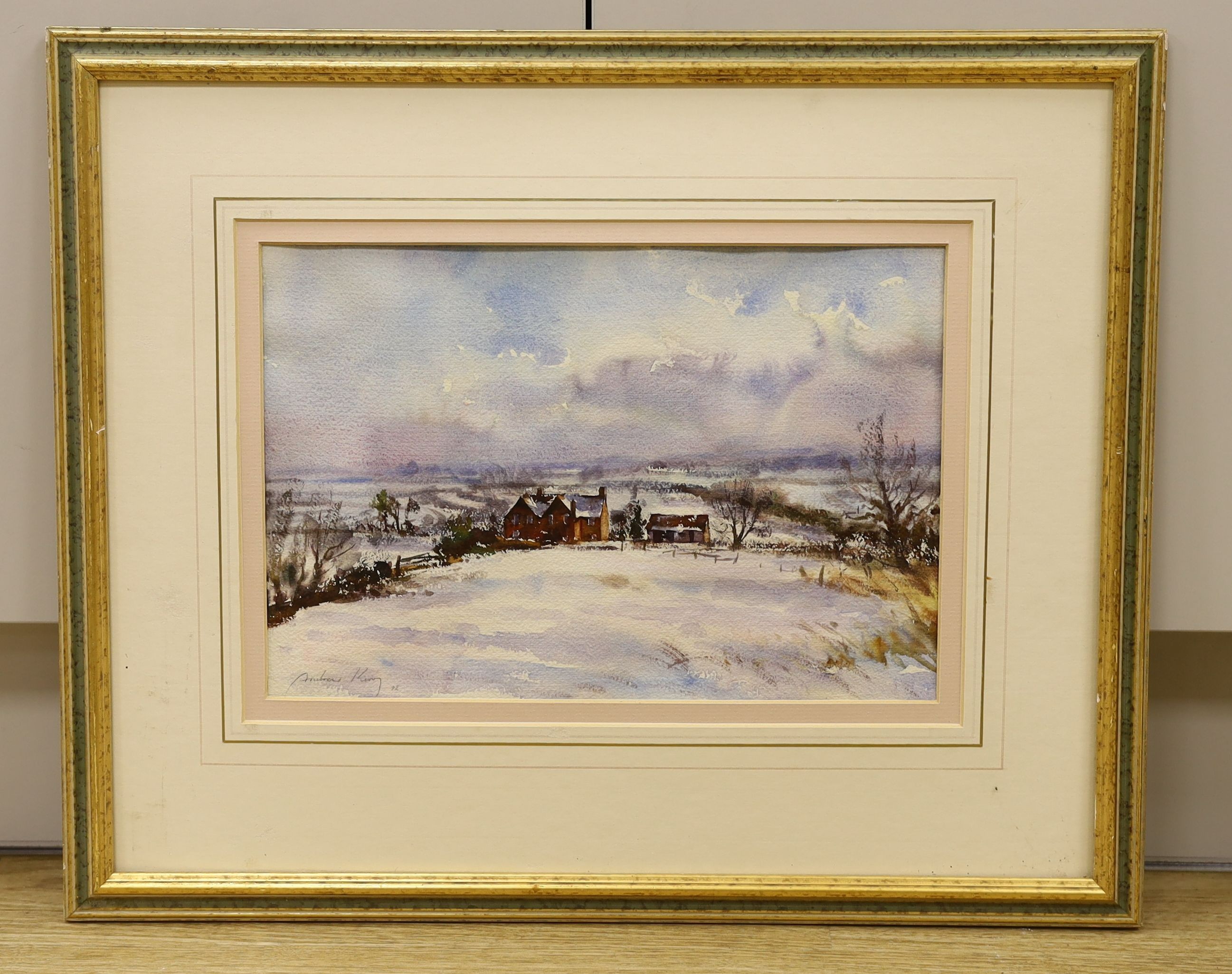 Andrew King ROI (1956-), watercolour, 'Under snow, Hillfoot Farm, Bedfordshire', signed and dated '92, 24 x 36cm